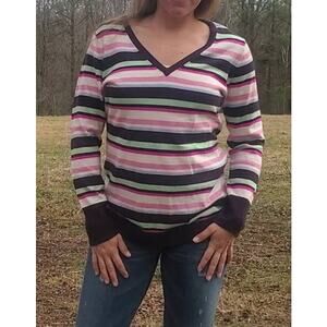New York & Company v neck sweater candy color stripe medium